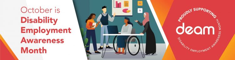 Banner image with the words "October is Disability Awareness Month". There is an image of a group of people gathered around a table, with one person sitting in a wheelchair.