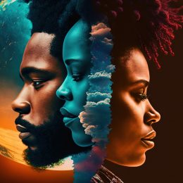 A stock image showing the faces of three black people with an image of clouds and planets woven in. Has a futuristic look to it.