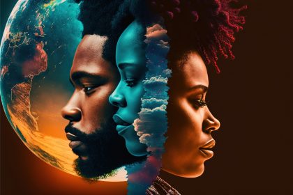 A stock image showing the faces of three black people with an image of clouds and planets woven in. Has a futuristic look to it.